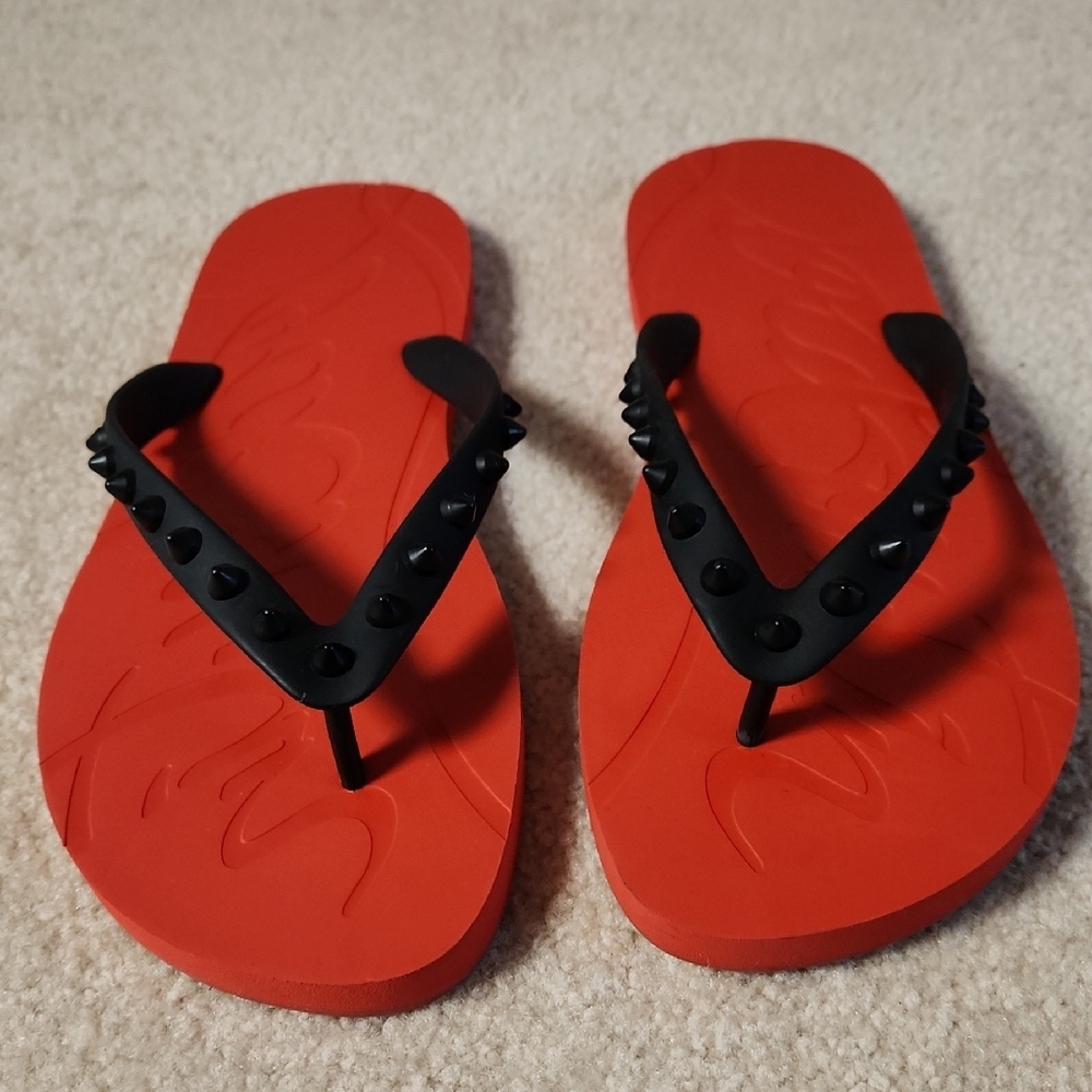 Louboutin Red Flip Flops with Black Studs